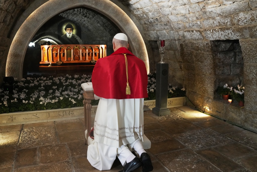 Pope in Lebanon prays for peace at tomb of saint revered by Christians and Muslims alike