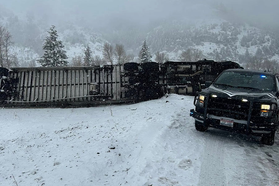 US-26 blocked after semitruck overturns near Wyoming border